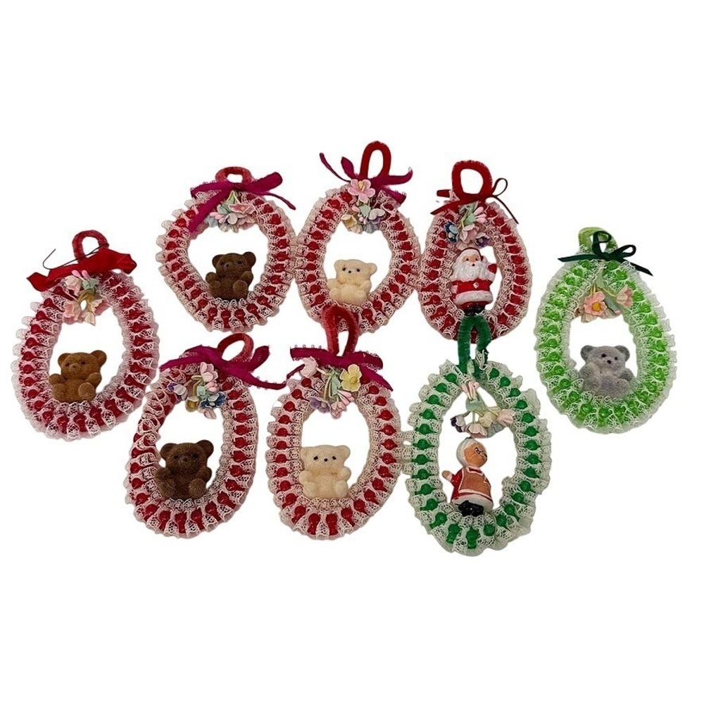 VTG Handmade Beaded Lace Christmas Ornaments Set of 8 w/ Mini Figurines